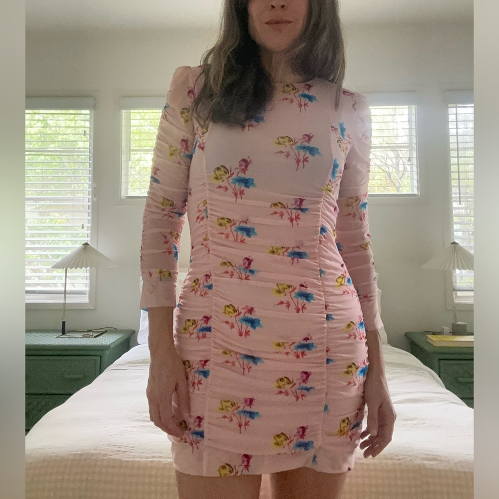 GANNI RUCHED FLORAL MESH MINI DRESS 🩷🩷 SIZE 40 (8/10)